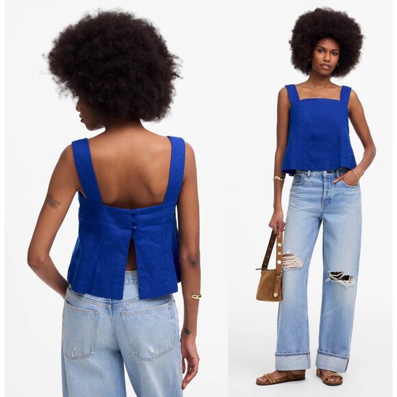 Madewell | NWT Curved-Neck Shell Tank in 100% Linen Bright Sapphire Blue | Sz 0 - Picture 1 of 10